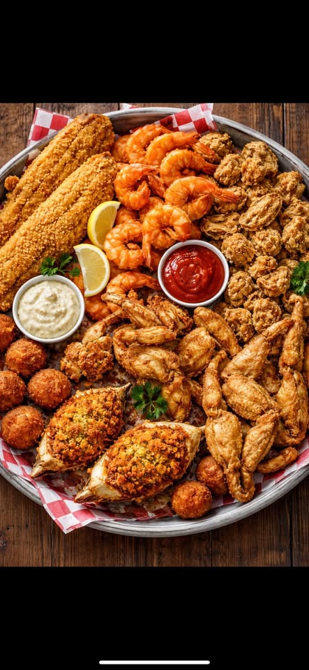 A silver platter lined with checkered paper holding fried seafood, shrimp, corn, and dipping sauces