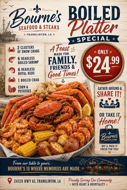 A boiled platter of snow crabs, shrimp, royal reds, corn and potatoes