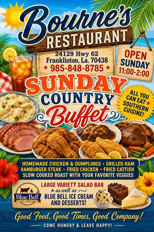 A Sunday country buffet promotion with fried chicken and Southern sides